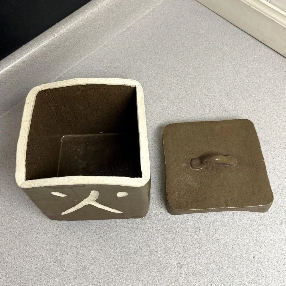 Vintage Handcrafted Japanese Olive Green Square Storage Box Lid Footed 9